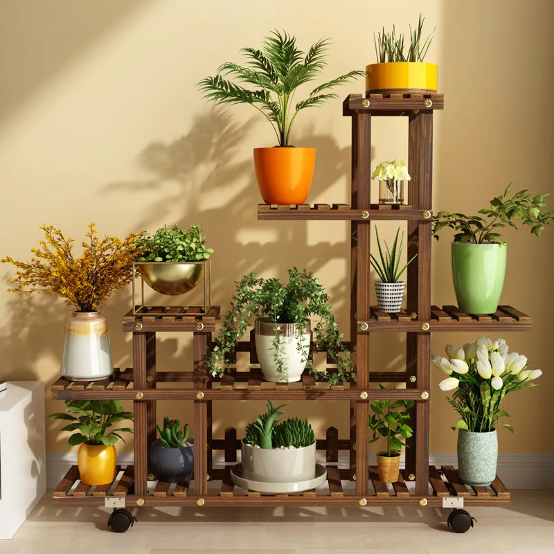 Wooden Flower Shelf Household Balcony Flower Rack Solid Wood Multi-layer Indoor Outdoor Succulent Pot Rack Living Room Bonsai Hanging Pot Table