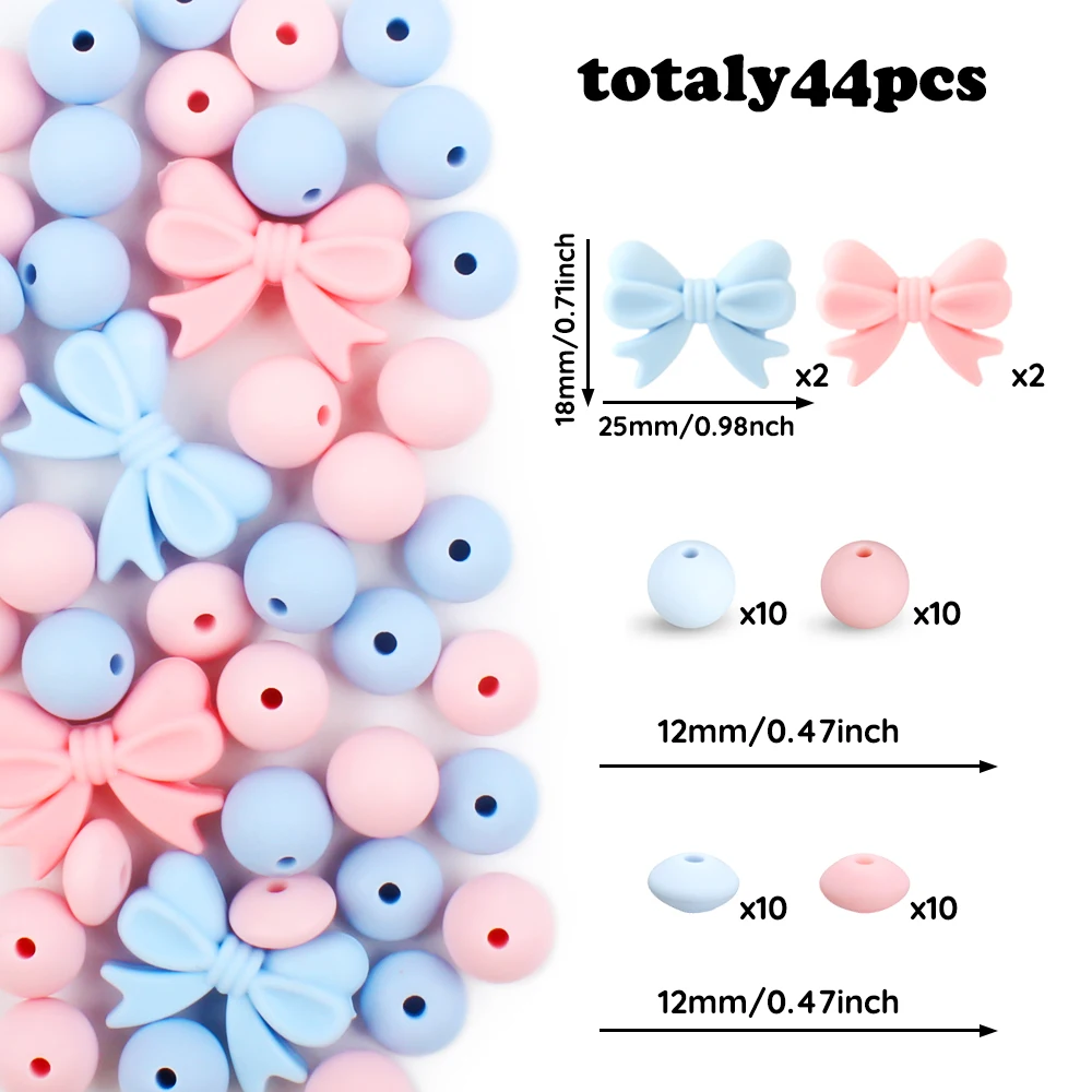 

44Pcs/Set Silicone Beads Bow Fcoal Beads Round Teething Beads Set DIY Bracelet Necklaces Keychain Accessories For Jewelry Making