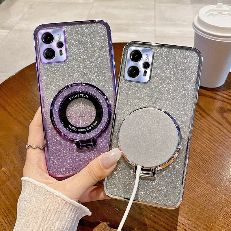 Glitter Electroplated Phone Case with Magnetic Stand and Shockproof Silicone Bumper