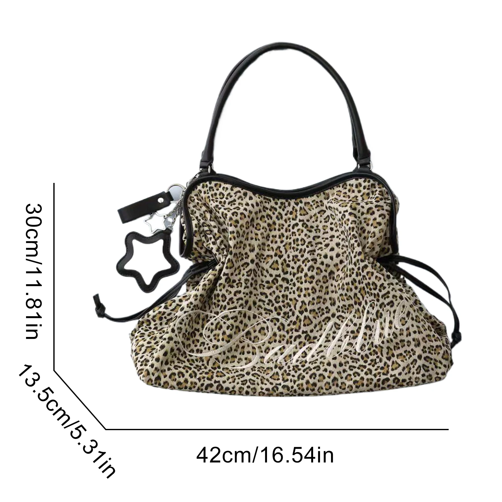 Y2K BadBlue Embroidered Leopard Print Tote Bag Large Capacity Shoulder Bag with Star Mirror Pendant Korean Trendy Women Handbag 6