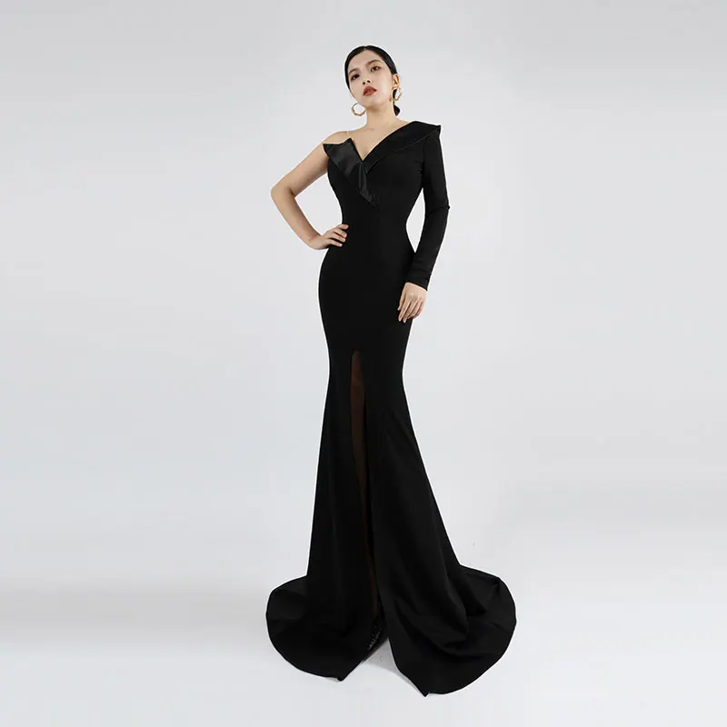 

Baisha Black Gala Dress Nightclub Blackless Long Skirt With Front Slit Trailing Mermaid Gown Slanted Collar Design Party Y3
