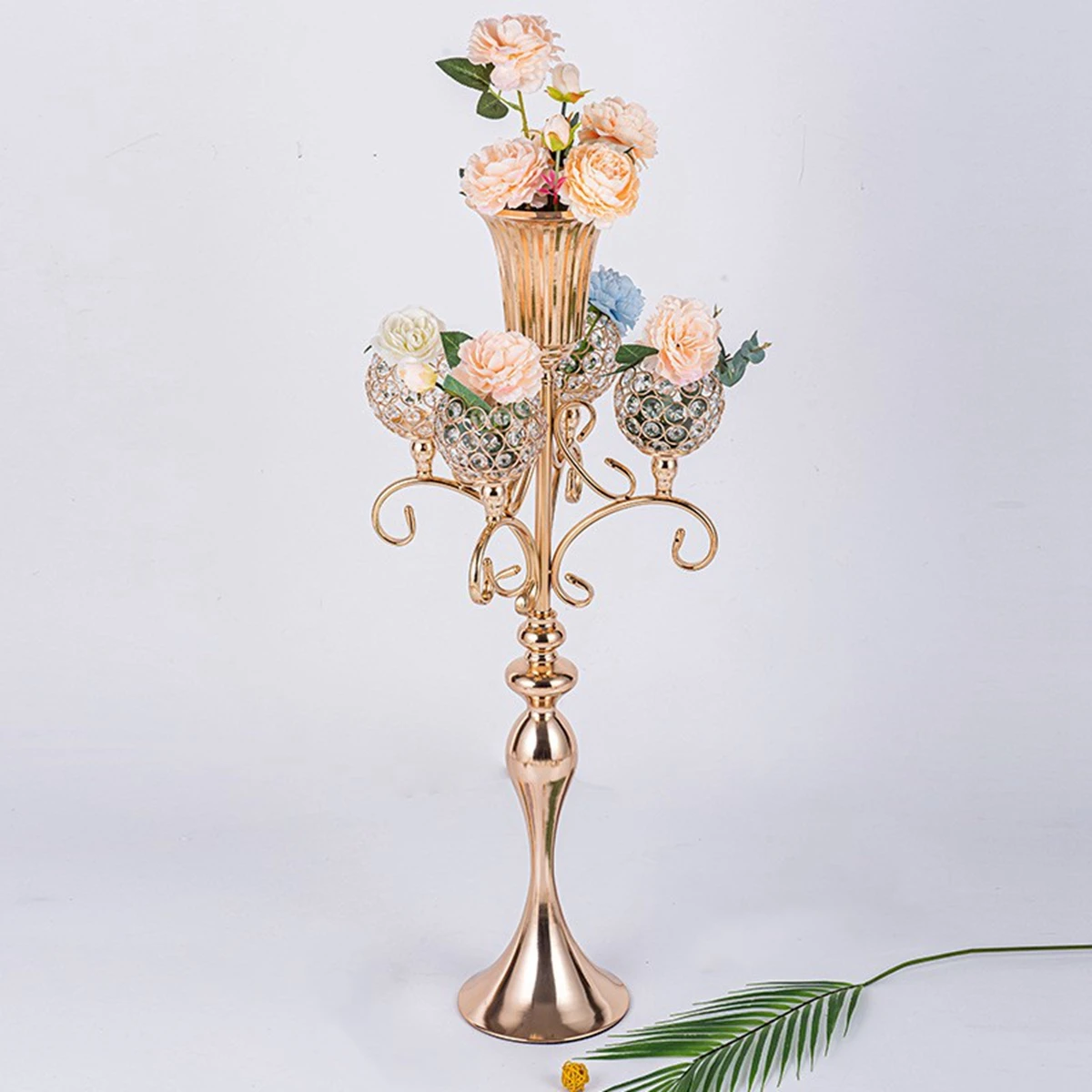 10pcs)5 Arms Gold Metal flower stand centerpieces Crystal Candle Holders For Wedding Home Tableware Decoration Centerpieces 2974