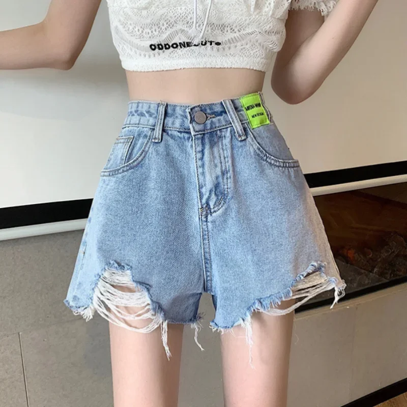 

Y2k Jean Denim Shorts Women's Summer Korean Version High Waist Loose and Thin A-line All-match Ripped Design Mini Hole Pants