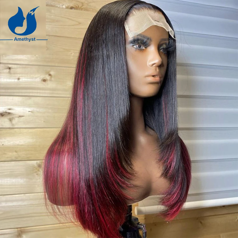 

Amethyst Silk Straight Red Color Highlight Human Hair Wigs Pre Plucked Brazilian 5.5x4.5 PU Silk Base Lace Closure Wigs Burgundy