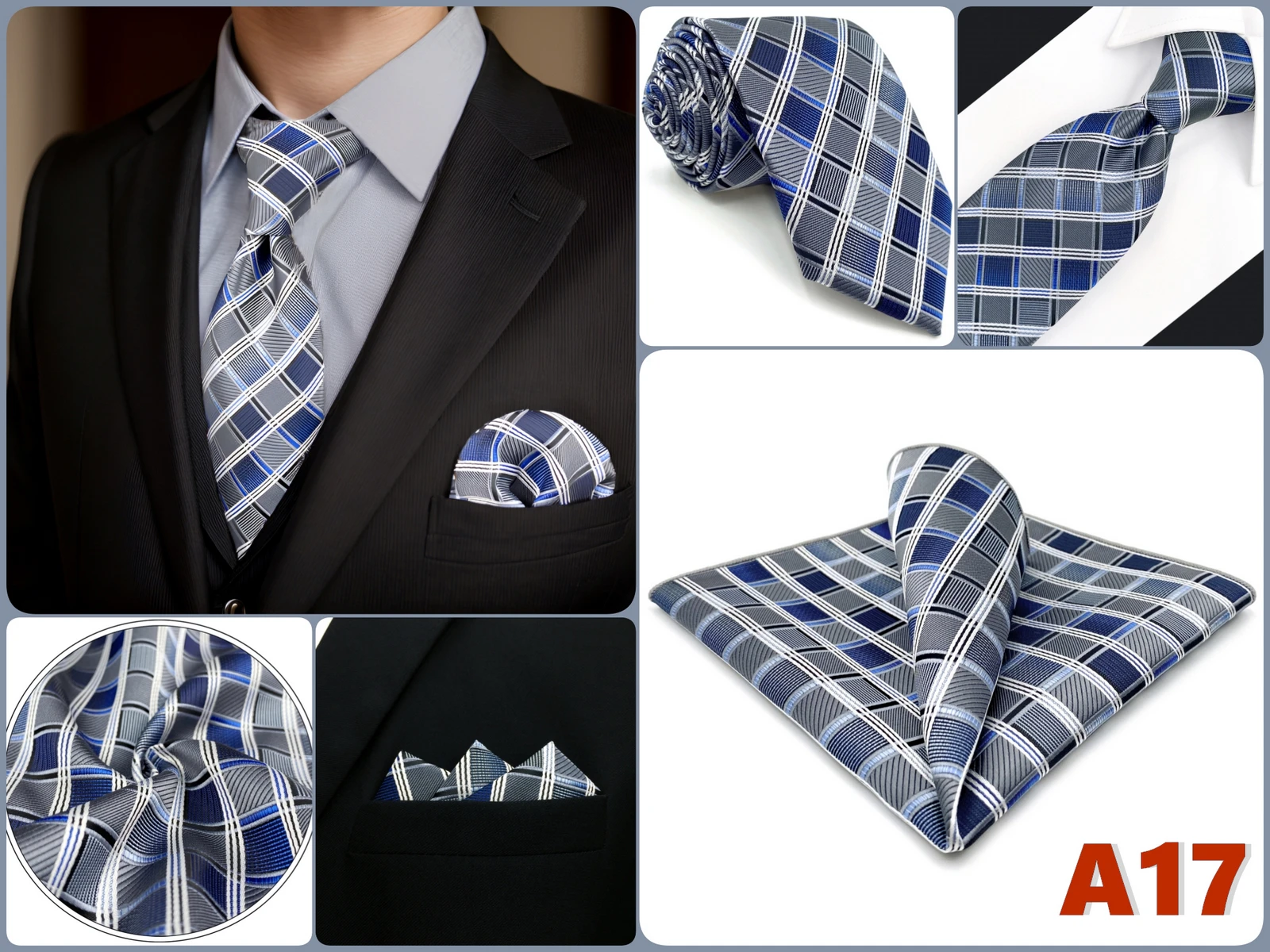 Extra Langes Herren-Krawatten- und Einstecktuch-Set, Kariertes Paisley-Muster, Blau, Braun, Silber, Grün, Geschenk, XL, Formelle Hochzeitskrawatten – Detail 2