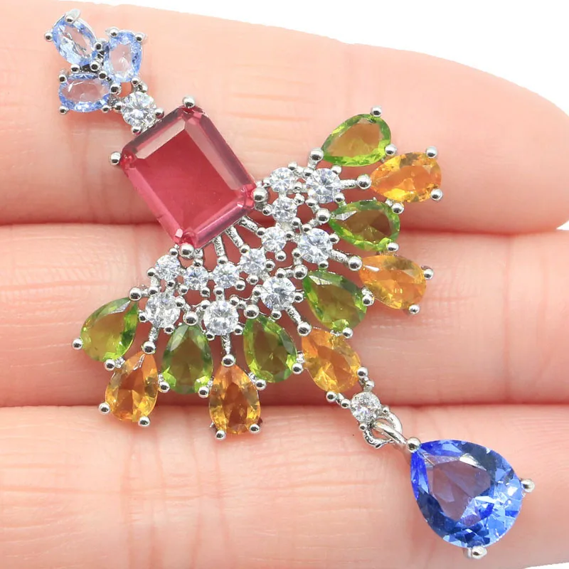 

925 SOLID STERLING SILVER PENDANT Fantastic Green Peridot Golden Citrine Tourmaline Violet Tanzanite White CZ Woman's Party