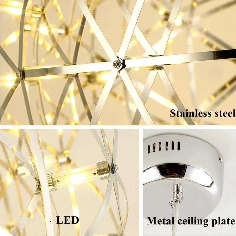 LED Chandelier Modern Brief Loft Spark Ball LED Lights Chandelier Fixture Firework Stainless Steel Lobby Lustre Pendant Lamp Home Deco