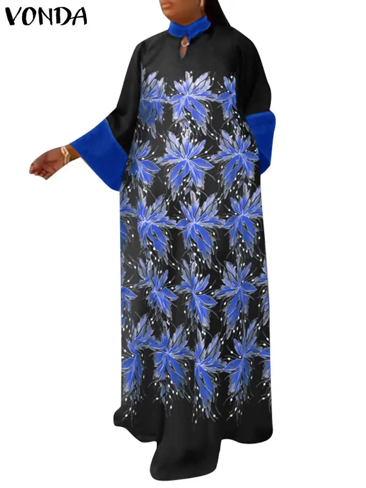

VONDA 2024 Summer Maxi Dress Women Vintage Casual 3/4 Flare Sleeve Bohemian Printed Long Sundress Stand Collar Oversize Vestidos