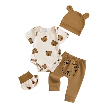 Baby Boy Summer Outfits Bear Print Short Sleeve Round Neck Romper with Pants and Hat Shoes Set 1