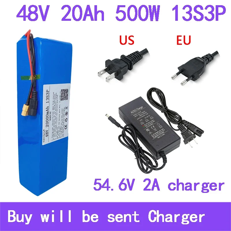 

48V Battery 20000mAh 13S3P XT60 18650 Lithium ion Battery Pack 20Ah For 54.6v E-bike Electric bicycle Scooter with BMS+charger