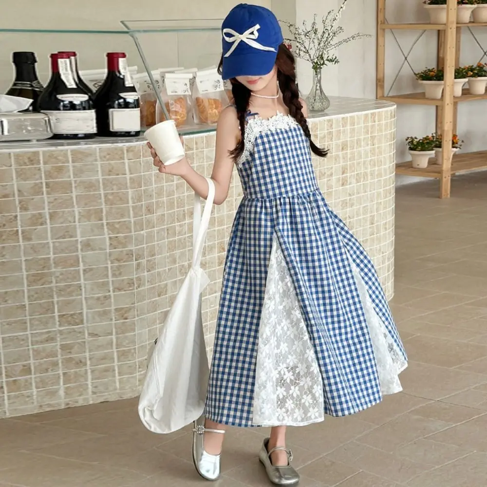 Fashion Plaid Girl Princess Dress Lace Mesh Sweet Teens Sling Dress Skirt Loose Children Sleeveless Dresses Beach