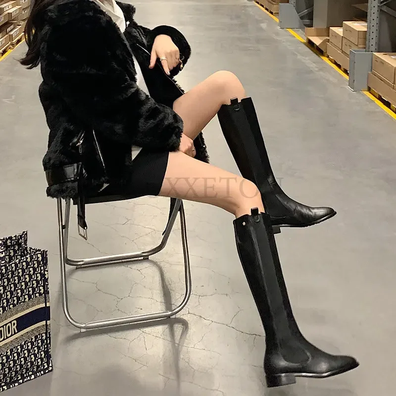 Women Knee Boots Genuine Leather Women Chelsea Boots Leather Knee High Heels Casual Socks Shoes Platform Spring Winter