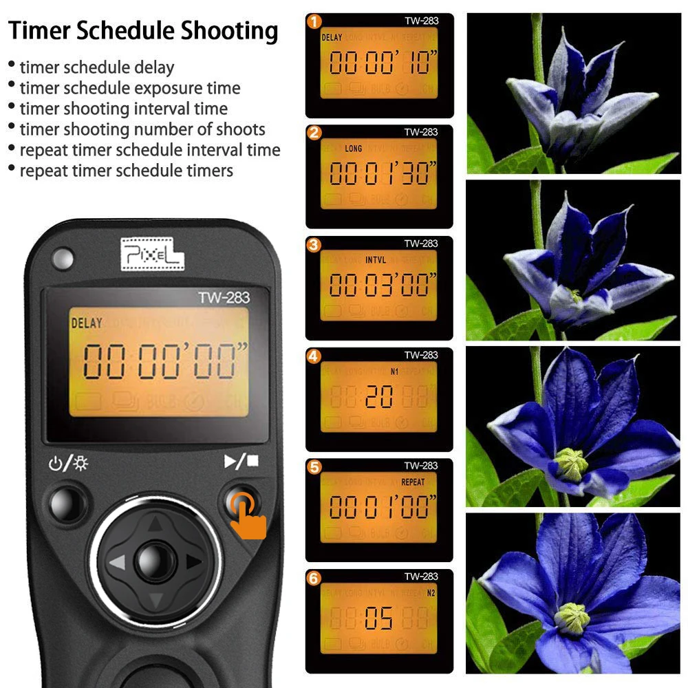 Pixel TW-283 Wireless Timer Remote Control Shutter Release（DC0 DC2 N3 E3 S2 90FJ）Cable For Canon Nikon Sony FUJITSU Camera camera remote shutter button camera remote shutter release