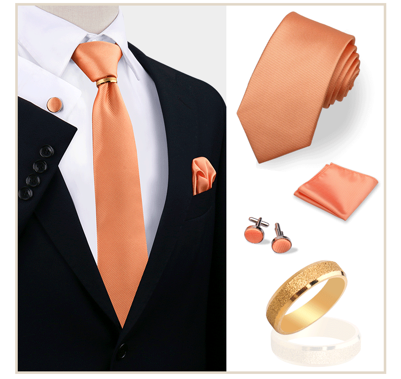 Luxus-Krawattenset in Uni-Farbe für Herren, Krawatte, Taschentuch, Manschettenknöpfe mit goldenem Metallring, Brosche, Anzug, Hochzeit, Herren-Accessoires – Detail 14