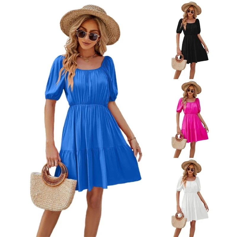 

Summer Square Neck Office Dress Womens Sexy Short Sleeve A-line Mini Dresses