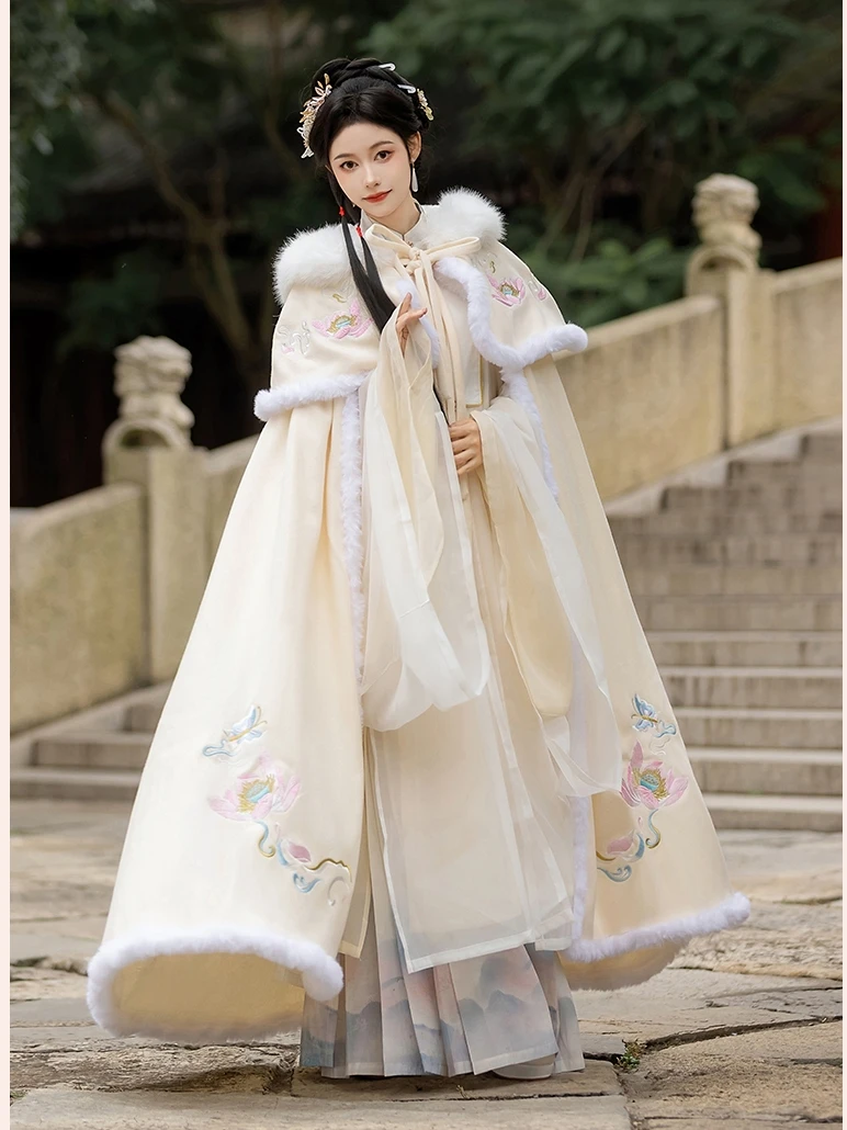 

Chinese Style Cloak Machine Embroidery Cloak Fleece-lined Thickened Winter Shawl Long Women's Han Chinese Clothing