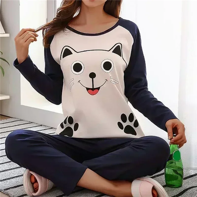 Cartoon Cotton Pajamas Women's Spring and Autumn Models Long-sleeved Home Service Women's Simple Loose Casual Suit Large Size - Image 2