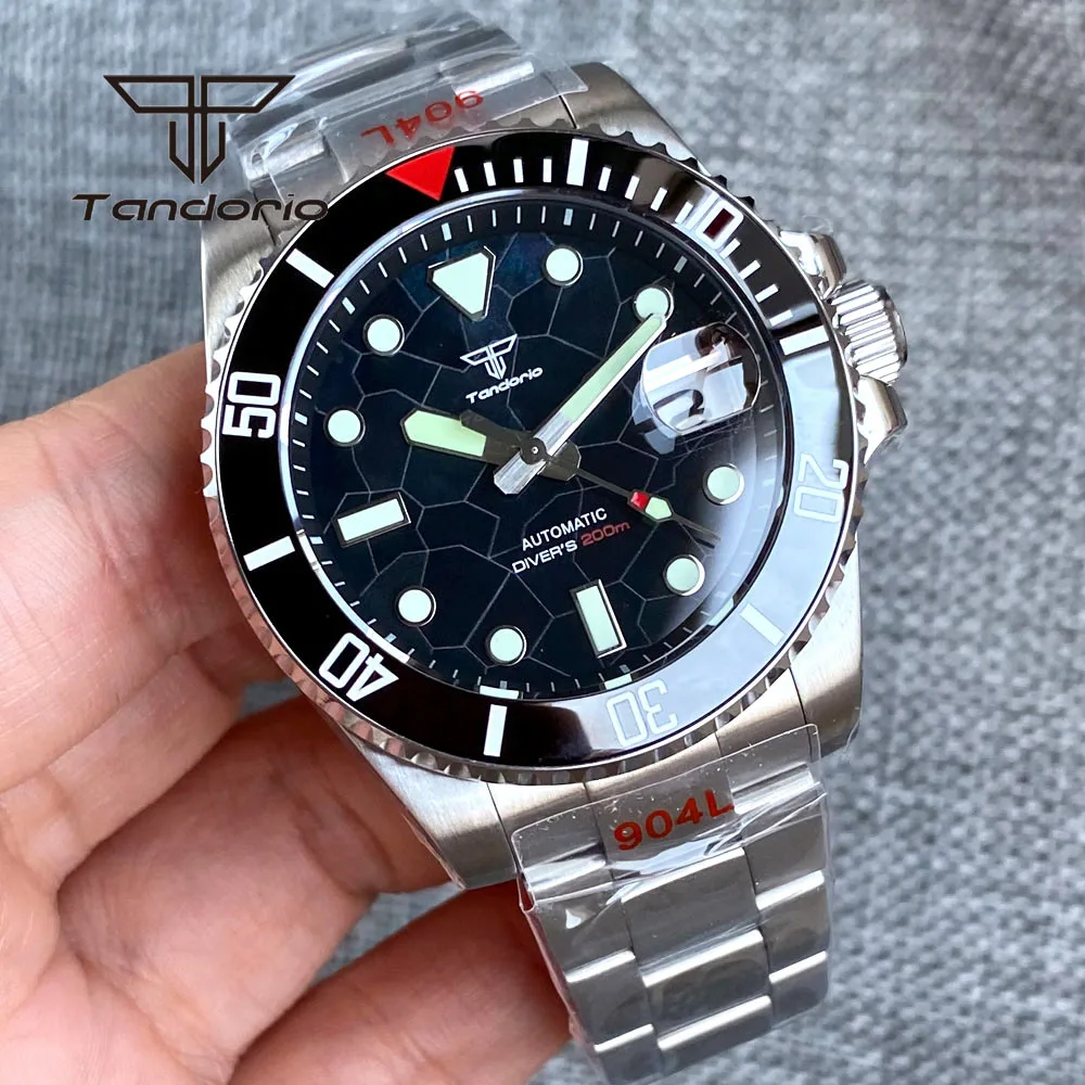 Tandorio NH35A Sapphire 40mm Classic 20Bar Dive Automatic Watch for Men Luminous Black MOP Dial Rotating Bezel Date Screw Crown