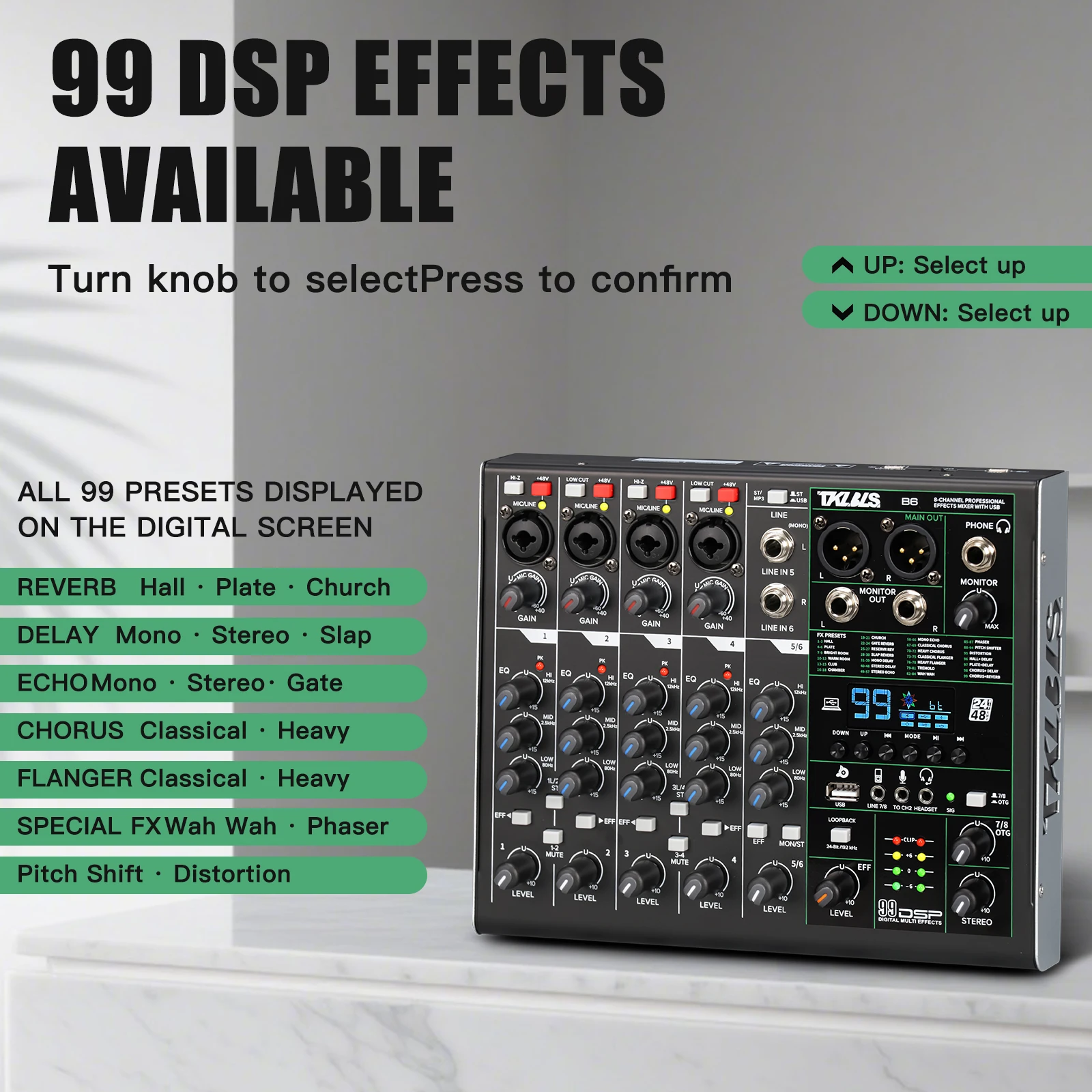 6채널 오디오 믹서 TKLBLS B6 디지털 블루투스 USB 인터페이스 DJ 믹서 (99개 DSP 효과, 48V 팬텀 파워, 라이브 브이로그용)