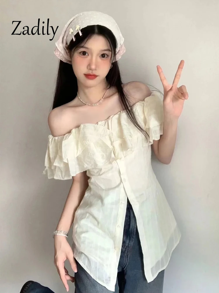 

2024 Summer Prairie Chic Short Sleeve Women Shirt And Blouse Button Up Off Shoulder Woman Tops Chiffon Ruffless Casual Clothing