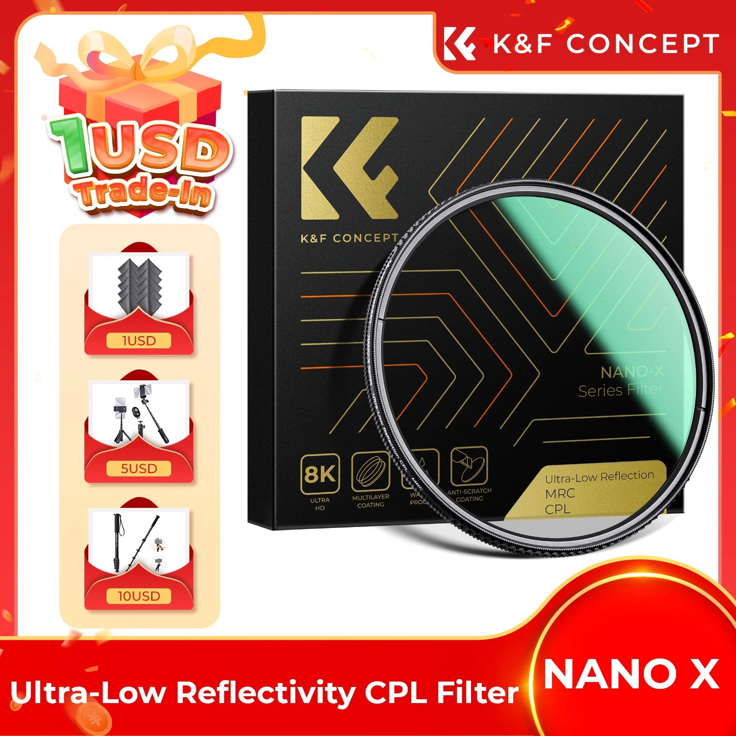 K&F Concept 49-82mm Ultra-Slim HD CPL Filters 28 Multi-Layer Nano-X Ultra-Low Reflectivity Camera Lens Circular Polarizer Filter