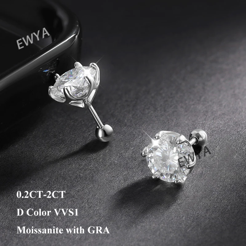 EWYA-pendientes de tuerca de moissanita para mujer, aretes de plata de ley 0,5 de 6 puntas de diamante, Color D, joyería fina de boda, 925-2ct