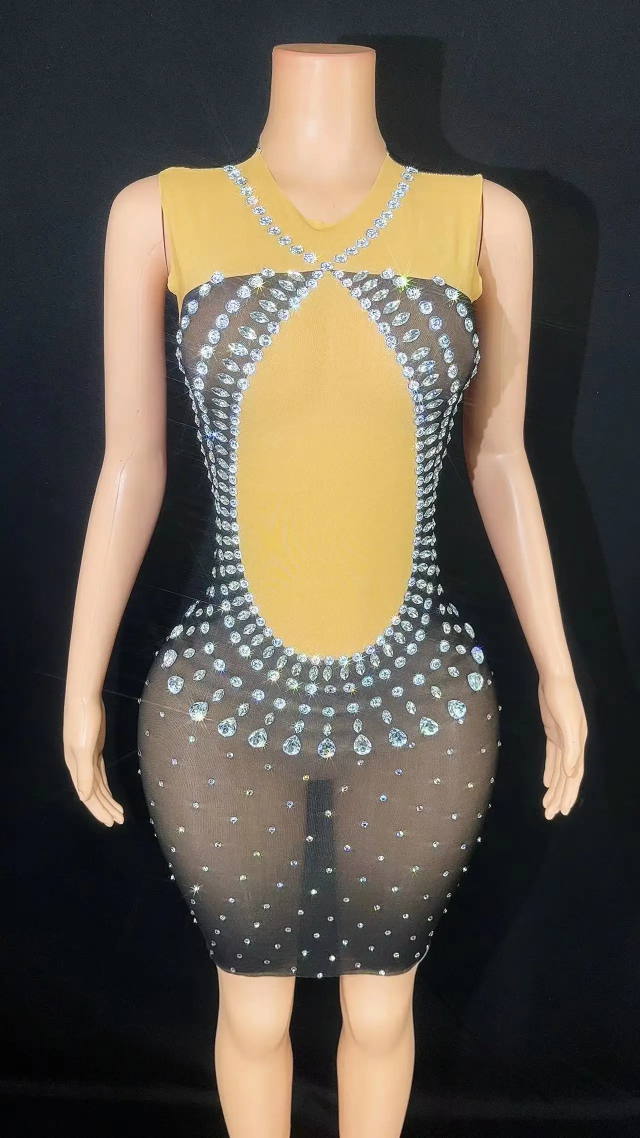 

Women Sexy Stage Sparkly Rhinestones Short Dress Mesh Transparent Birthday Celebrate Evening Party Club Host Dress