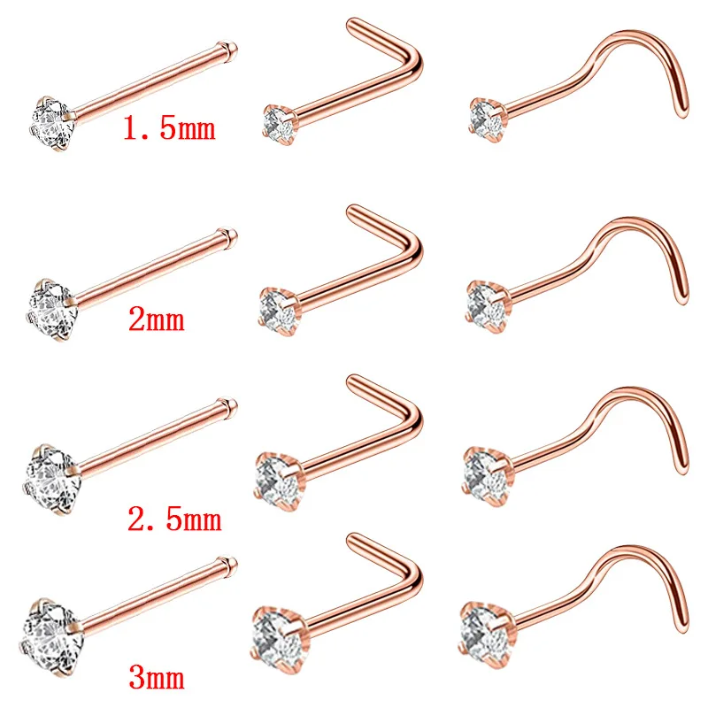 1PCS 크리스탈 코 링 스터드 세트 L 모양 스테인레스 스틸 트위스트 CZ 코 스터드 팩 1.5 2Mm 2.5Mm 코 링 세트 피어싱 Nez Lote