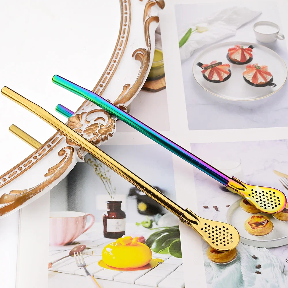 Silver Reusable Stainless Steel Filter Straws and Spoon Set for Cocktails and Tea (8 Pieces)