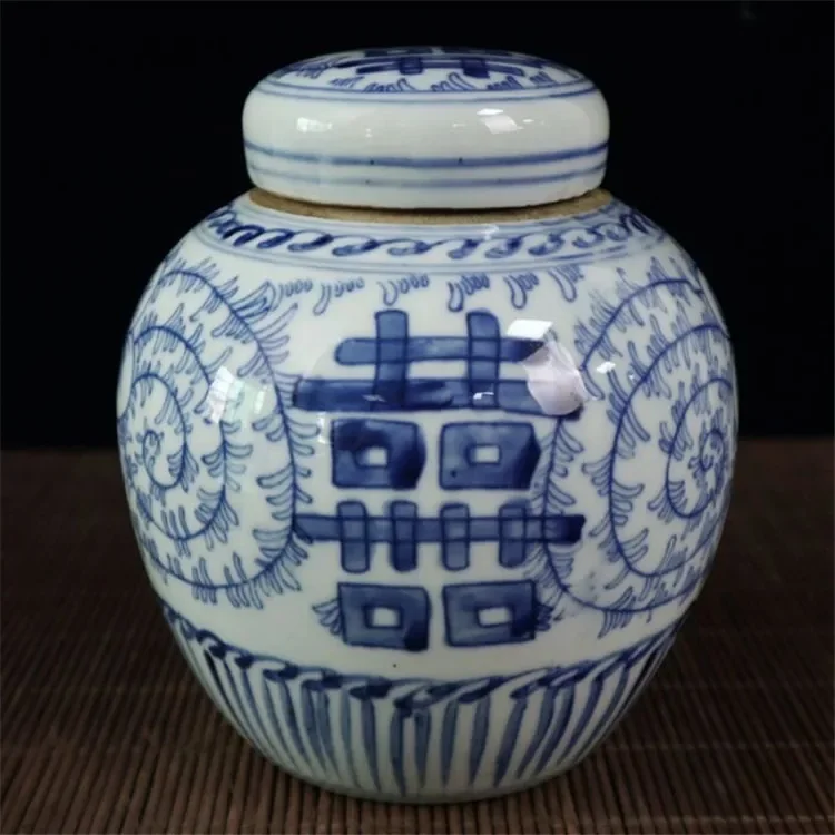 

6,3 "старая китайская Династия Цин, сине-белая фарфоровая банка xi Tea Caddy