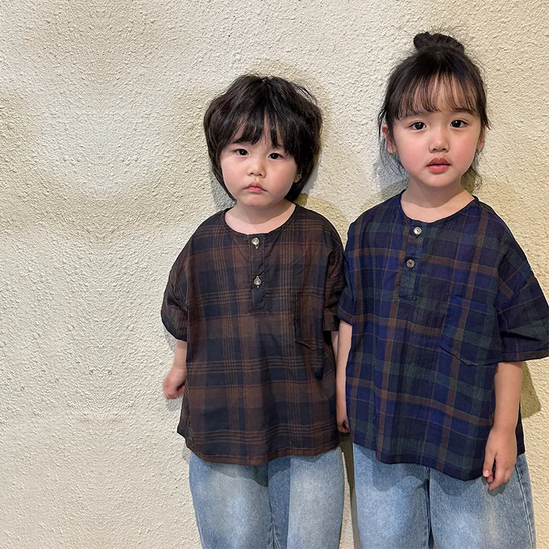 

2023 Summer New Children Short Sleeve Shirts Baby Boys Girls Fashion Plaid Shirts Toddler Loose Casual Cotton Top Kids Clothes