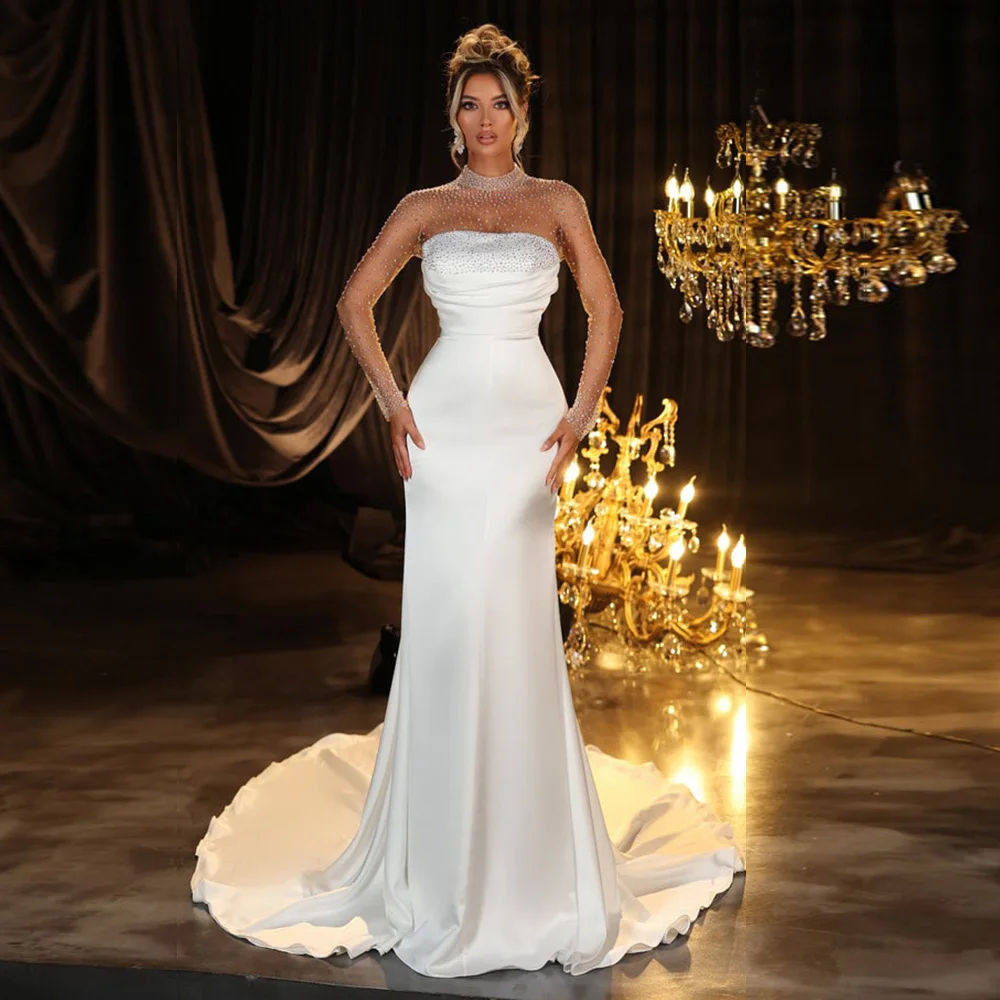 Long Sleeves Mermaid Wedding Dresses High Neck Sequined Beading Illusion  Back US | eBay