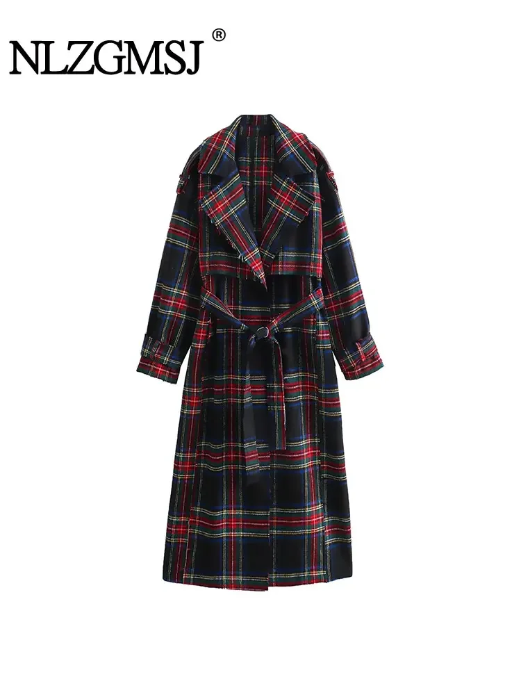 

TRAF 2023 Autumn Winter Women Checkered Fabric Trench Coats Fashion Long Sleeve With Belt Vintage Casual Elegant Loose Tops