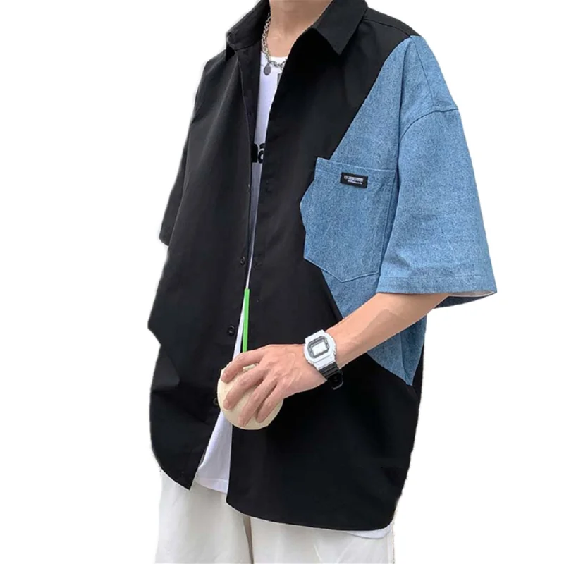 

2022 Summer Streetwear Men Short Sleeve Irregular Patchwork Denim Shirt Male Tops Daily Casual Pocket Blouses Unisex Clothes