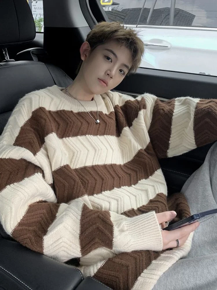 Pullover Striped Round Neck Sweater Men's Spring Autumn and Winter Loose Casual Outerwear Inner Wear Base Knitwear Coat Fashion