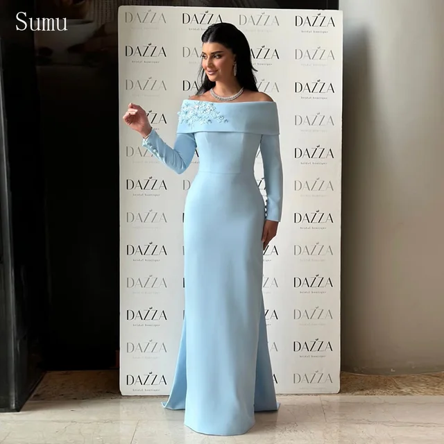 Blue Off Shoulder Sheath Prom Dresses Sequinned Appliques vestidos de noche Elegant Long Slevee Evening Dress Customized 1