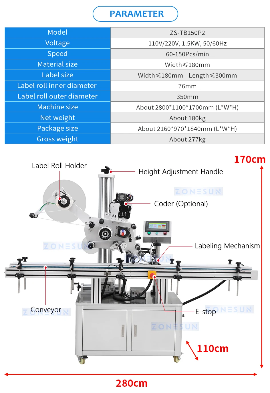 ZONESUN ZS-TB150P2 Automatic Flat Surface Labeling Machine