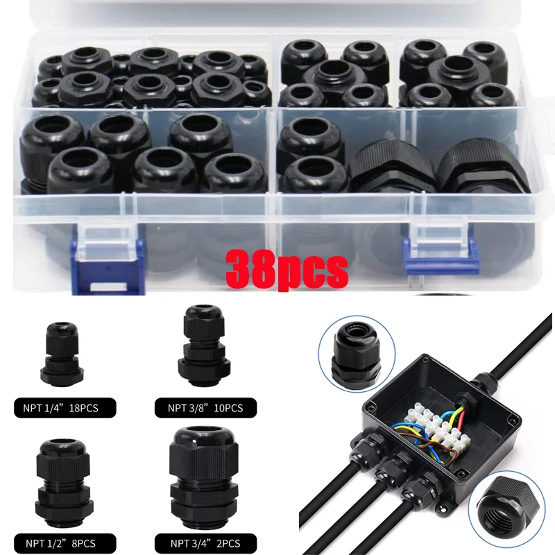 38PCs Waterproof Cable Gland Black Plastic Seal Joint Nylon IP68 PG7 PG9 PG13.5 PG21 Cable Fixing Nylon Wire Connector