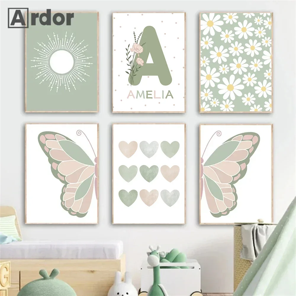 

Green Butterfly Sun Cloud Daisy Heart Nursery Posters Wall Art Canvas Painting Custom Name Print Pictures Kids Room Decoration