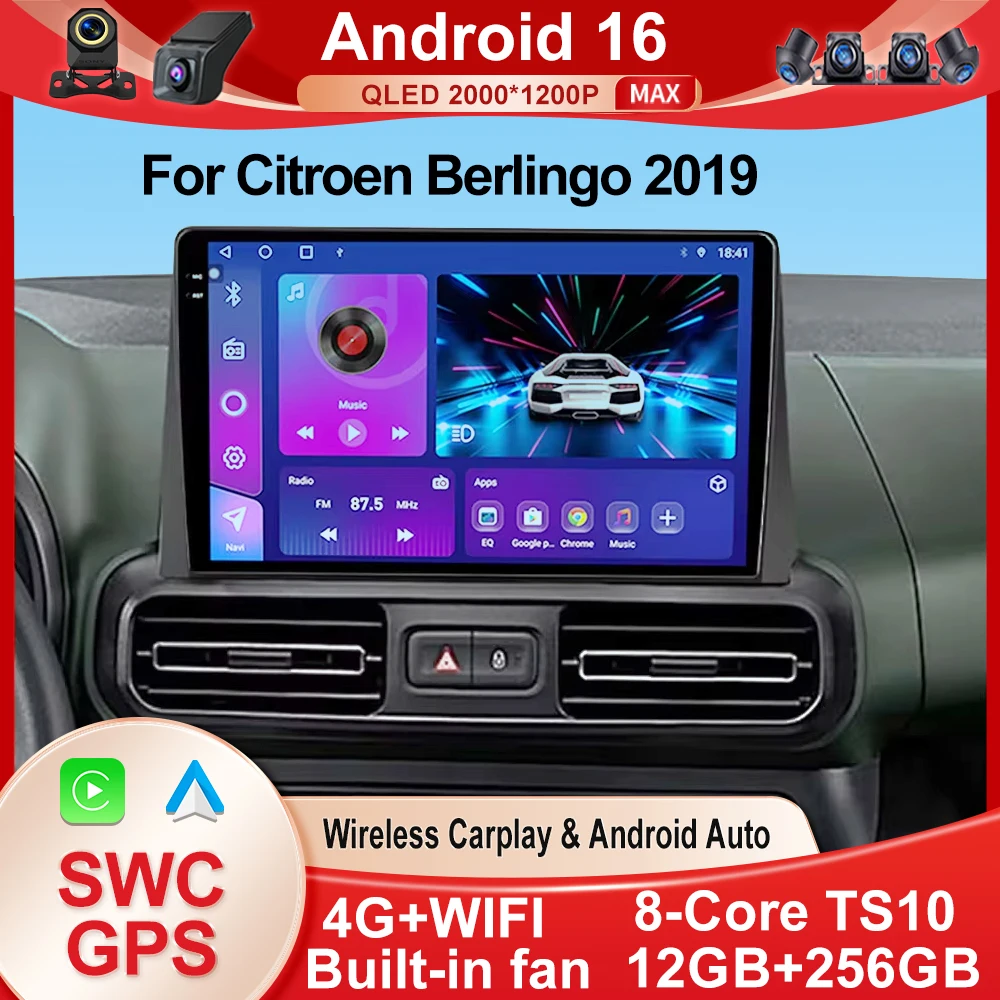 Android 16 Carplay Radio de coche reproductor de vídeo Multimedia estéreo para Citroen Berlingo 2019 Peugeot Partner Rifter 2020 para Opel Combo 1