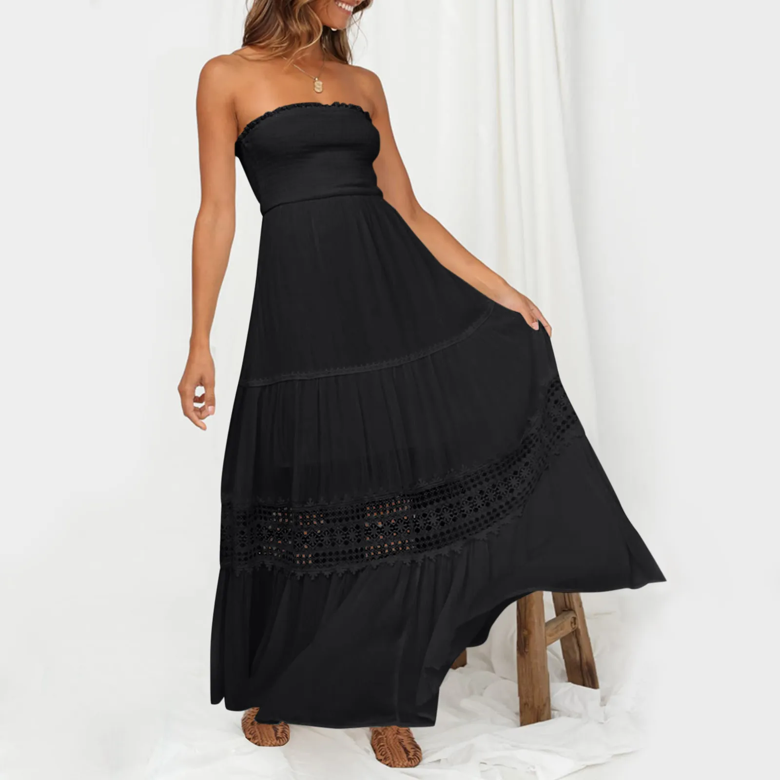 

Elegant Strapless Lady Loose Maxi Party Dress Women Fashion Solid Color Lace Dress Summer Hollow Out Casual Long Dress Vestidos