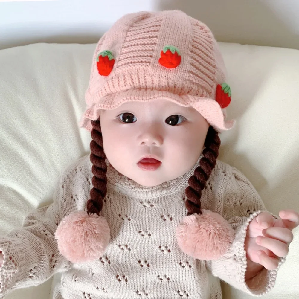 

Thickening Cute Baby Hat Warm Woolen Yarn Cotton Knitted Wig Braids Baby Caps Breathable Soft and Skin Friendly