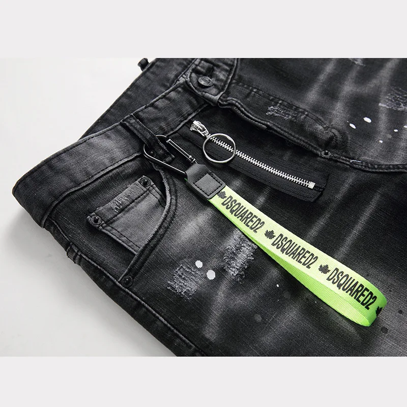 DSQ2 European and American Tattered Paint-splashed Men's Slim Fit Ripped Patch Stretch D2 Jeans Tight Beggar Pants 1056 4