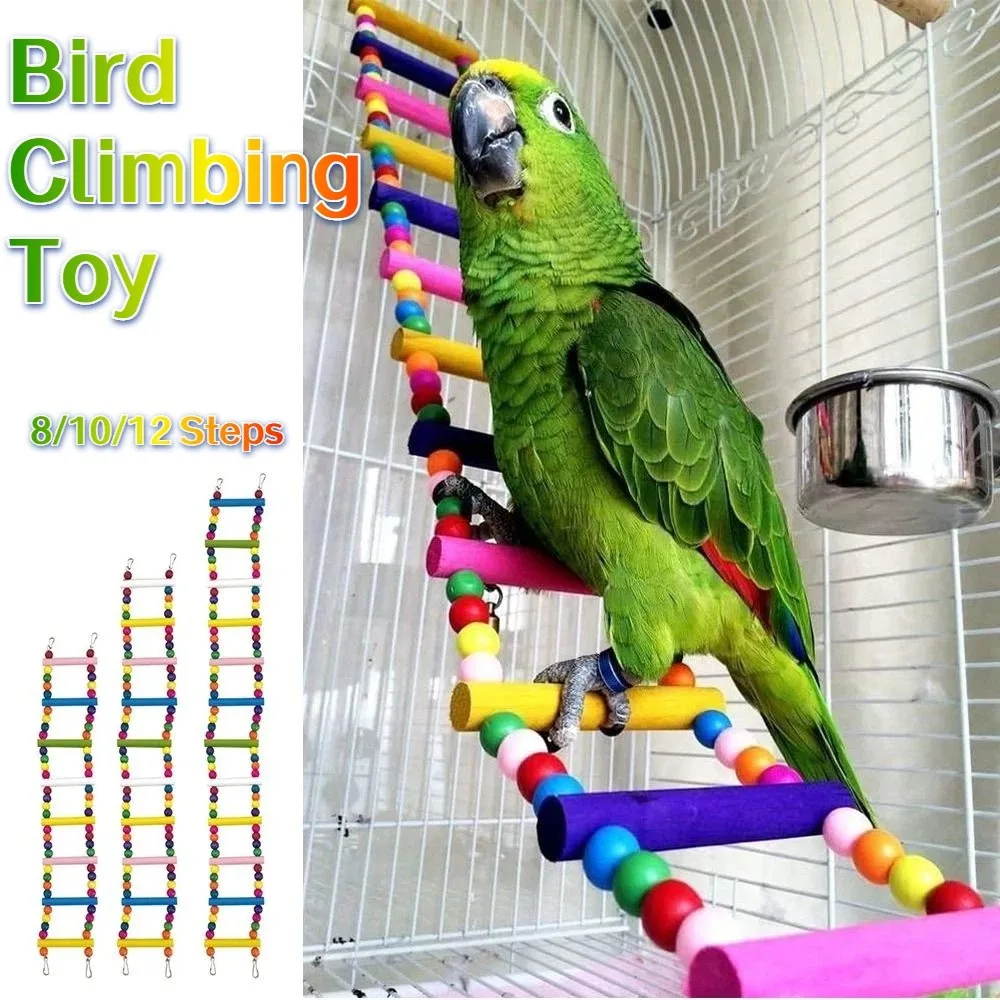 Colorful Wooden Parrot Ladder 8/10/12 Step Ladders Sturdy Pet Bird Steps Interactive Grinding Claws Bird Climbing