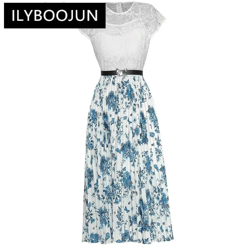 

ILYBOOJUN Fashion Designer Summer Print Dress Women's O-Neck Short Sleeve Sashes Hollow out Patchwork High Street Pleated Dress