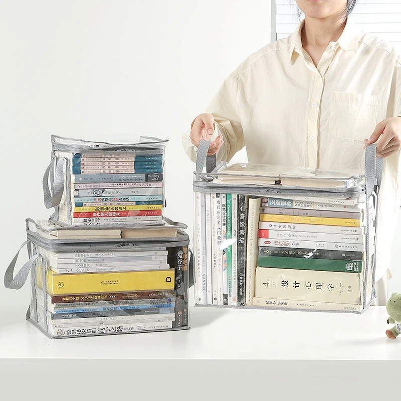 Large Capacity Transparent Book Storage Bag Books Collection Container Stackable Case Zipper Handle Dust Proof Organizer