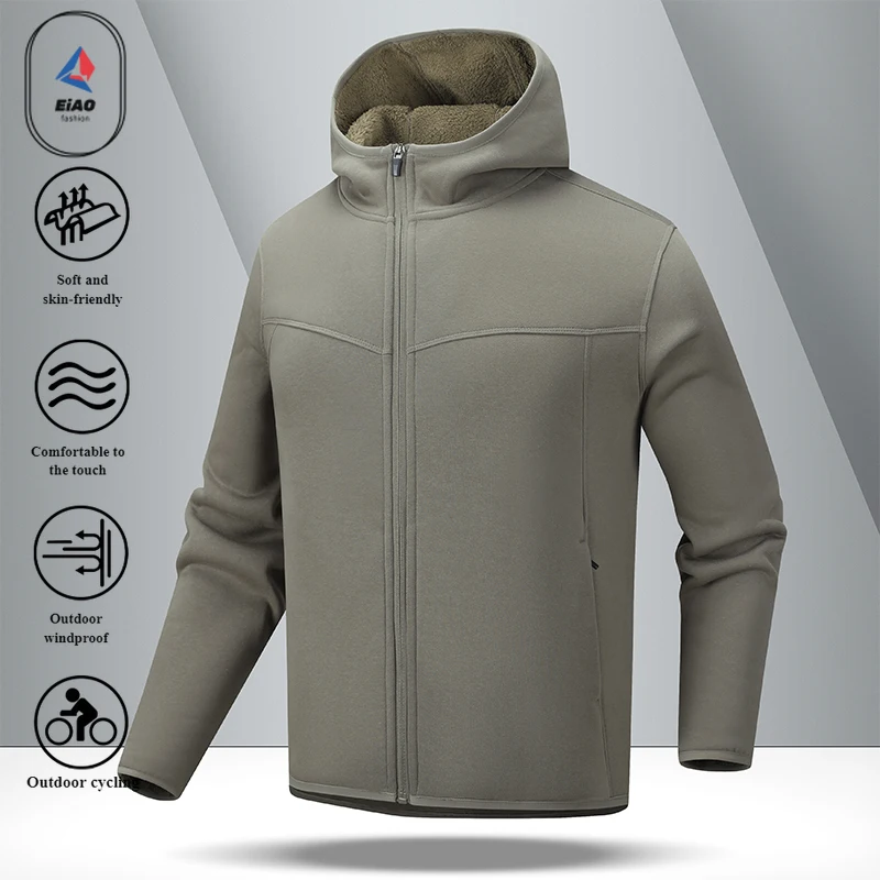EIAO 2025 Mens Fleece Lined Stand Collar Jacket Premium Velvet Zip Hoodie Thickened Warm Coat Casual Streetwear Tech Outerwear