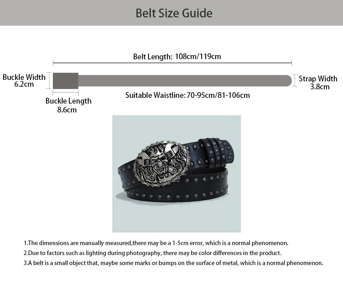 Herren- und Damengürtel im Coolen Punk-Stil mit Schwarzen Nieten Verziert, Heavy Metal Dark Belt, Übergröße, Gothic Breiter Totenkopf-Jeansgürtel für Männer – Detail 13
