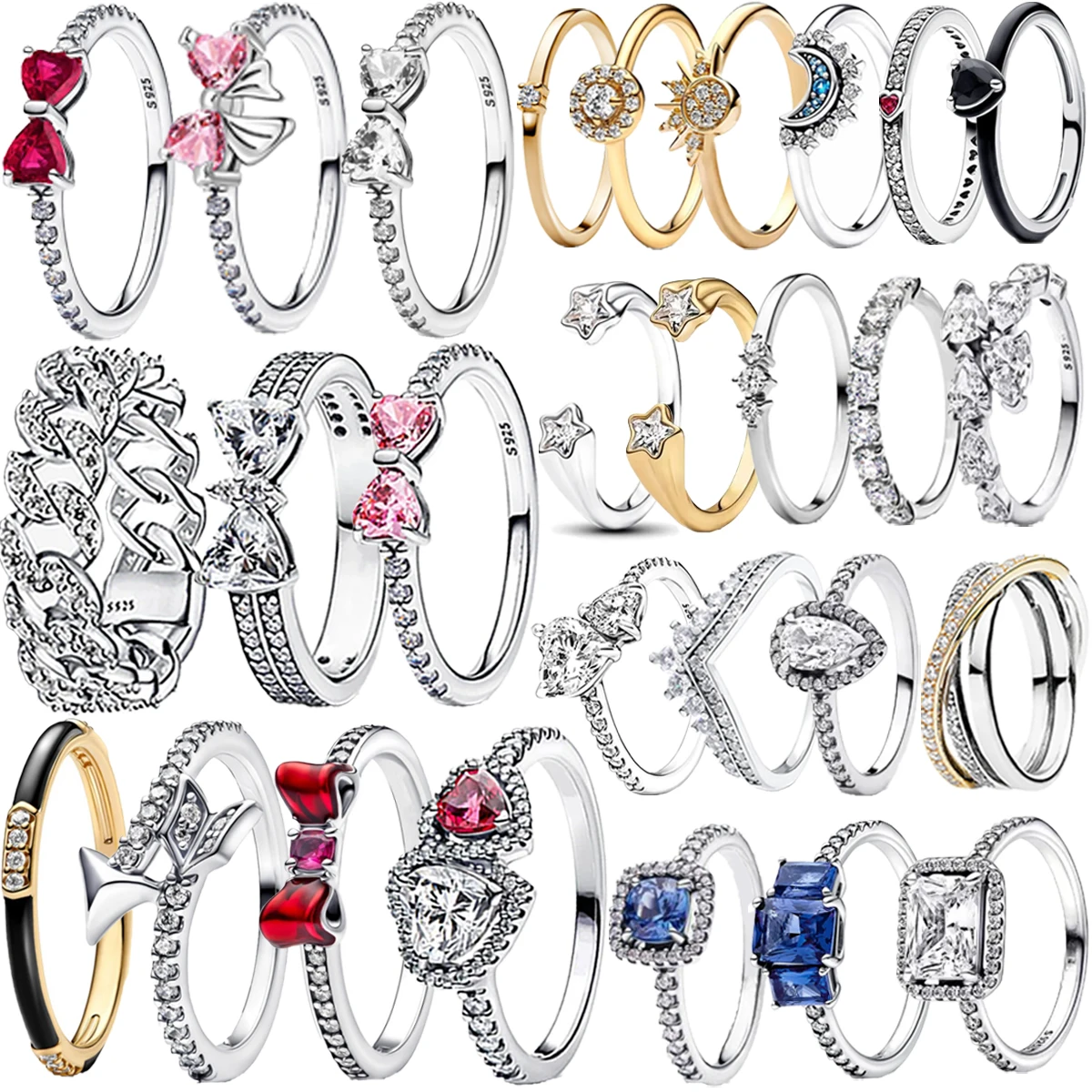 925 Sterling Silver Ring Heart Bow Sun Moon Colorful Crystal for Women silver heart ring,silver rings,silver ring