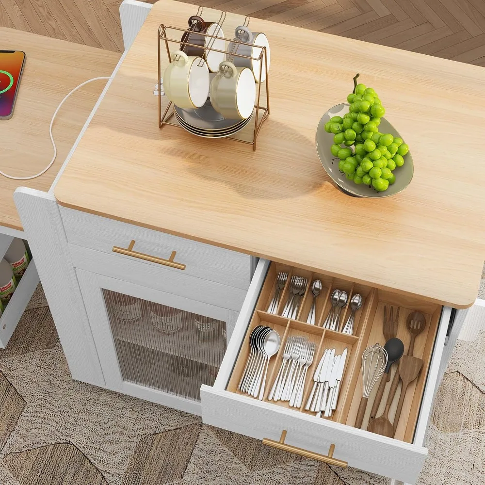 Kitchen Island with Extendable Dining Table,Grain Top Kitchen Island with Power Outlet, Rolling Kitchen Island Cart on Wheels 6